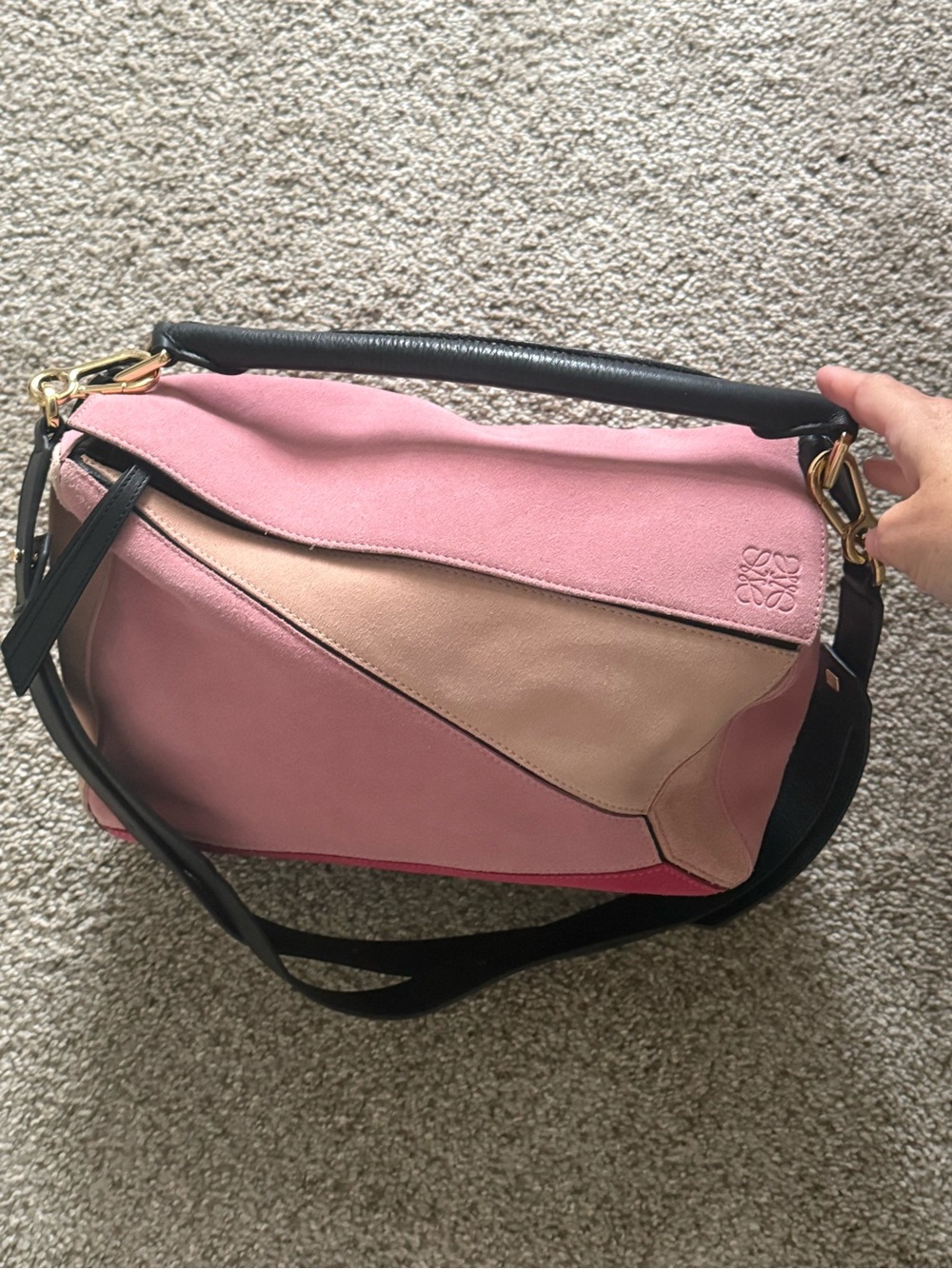 Loewe Tricolor Pink Blush Suede Puzzle Bag
